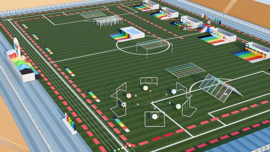 Rendu 3D d'un espace de jeu avec diverses activités issues d'Unity Games.